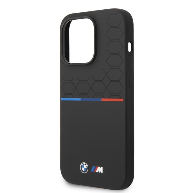 BMW M Collection Magsafe Liquid Silicone Case Printed UV Varnish Pattern, Tricolor Line & Logo For iPhone 14 Pro Max - Black [ BMHMP14X22SMPK ]