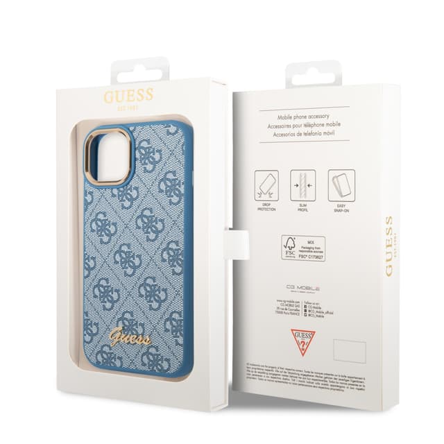 Guess PC/TPU 4G PU Case With Metal Camera Outline & Buttons For iPhone 14 Plus - Blue [ GUHCP14MHG4SHB ]