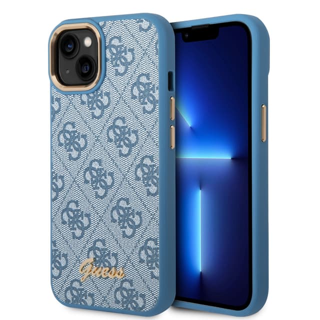 Guess PC/TPU 4G PU Case With Metal Camera Outline & Buttons For iPhone 14 Plus - Blue [ GUHCP14MHG4SHB ]
