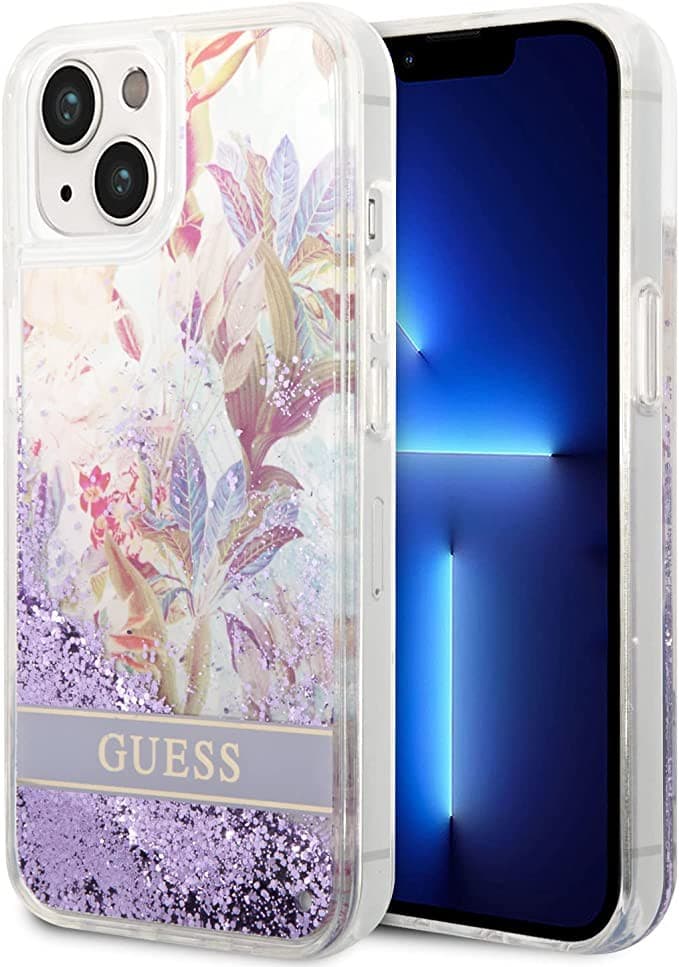 كفر ايفون 14 بلس بنفسجي جيس Guess Liquid Glitter Case With Flower Pattern For iPhone 14 Plus Purple