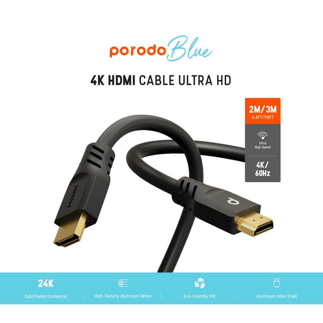 Porodo Blue 4K HDMI Ultra HD Cable 60Hz 3m / 9.8ft - Black [ PB-HD4K3M-BK ]