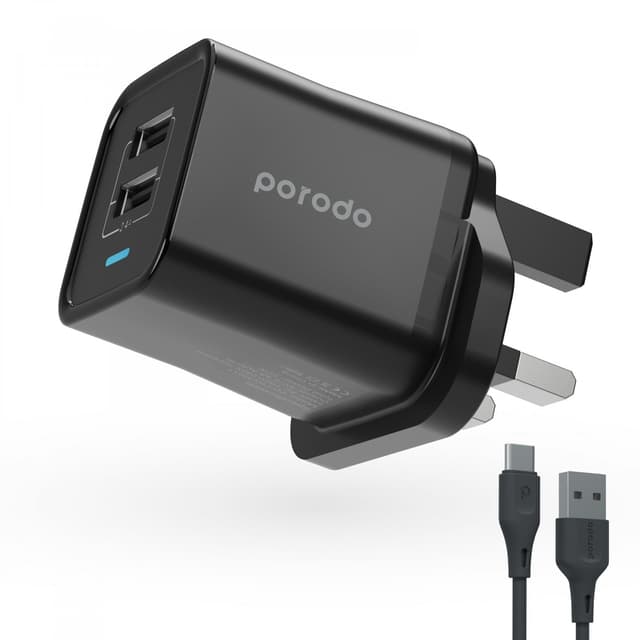Porodo Dual USB Wall Charger 2.4A UK with PVC Type-C Cable 1.2m - Black (New model) [ PD-FWCH011-C-BK ]