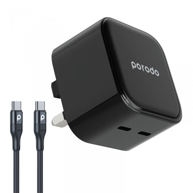 راس شاحن كبس تايب سي 35 واط مخرجين مع كيبل تايب سي 1.2 متر بورودو Porodo Super-Fast Charger with Braided Cable