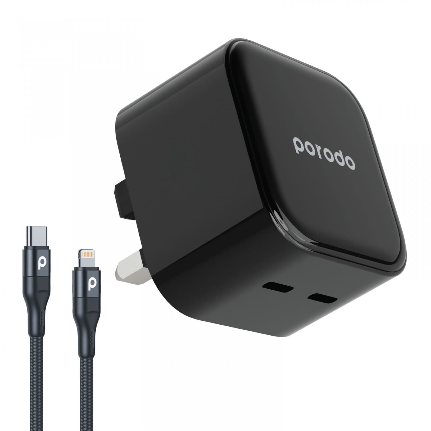Porodo Super-Fast Dual USB-C Wall Charger PD 35W UK with Braided Type-C to Lightning Cable 1.2m - Black [ PD-FWCH012-L-BK ]
