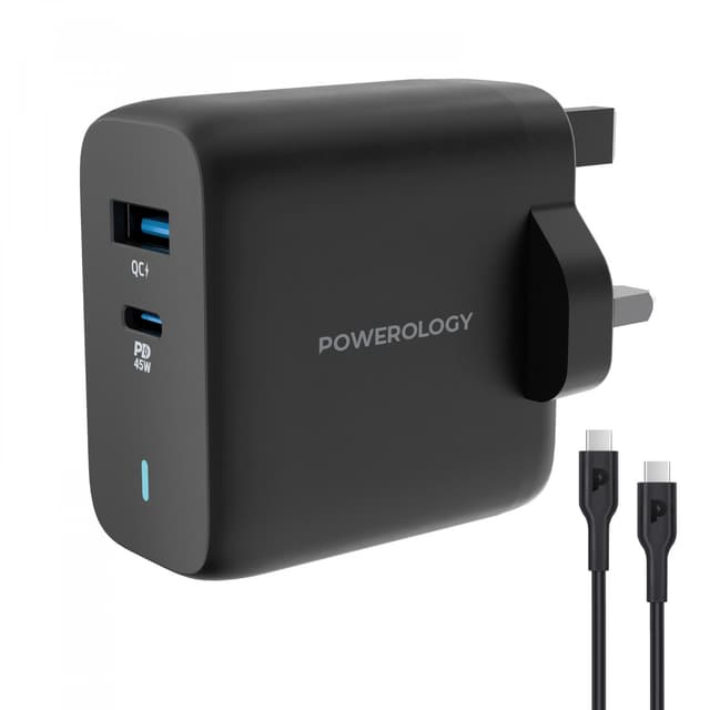 Powerology Dual Port Ultra-Quick GaN Charger QC3.0 + PD 45W with USB-C to USB-C 60W Cable - Black [ PWCUQC004-C ]