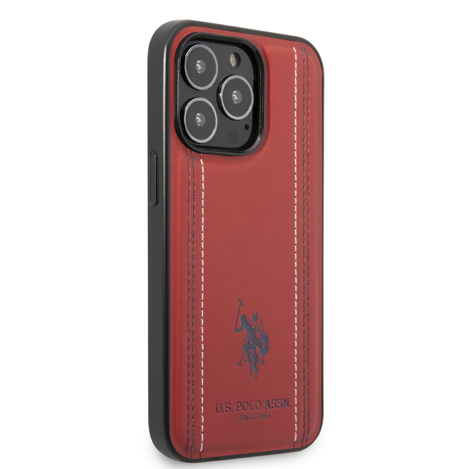 كفر جوال ايفون 14 برو جلدي لون أحمر من يو اس بولو USPA PU Leather Case With Stitched Lines Double Line & Horse Logo For iPhone 14 Pro