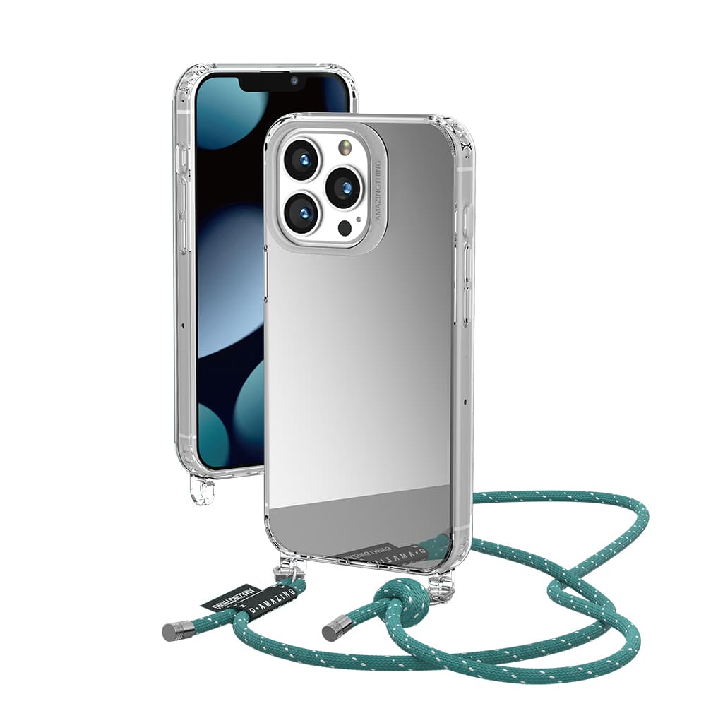 كفر جوال ايفون 13 برو 6.1 بوصة بخلفية عاكسة مع حزام لون أخضر من أميزنغ ثينغ At iphone 13 pro 6.1"advanta crossbody case mirror back with lanyard