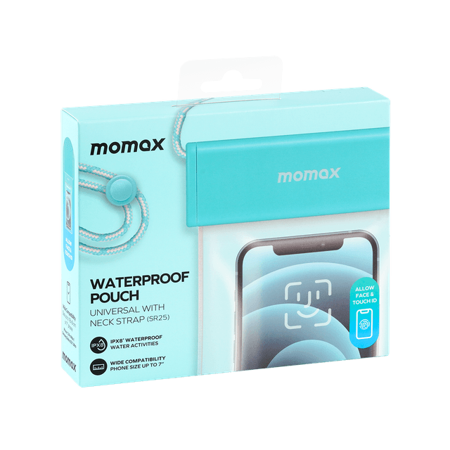 شنطة جوال مقاومة للماء لون شفاف مع علاقة بالرقبة من موماكس لون أزرق فاتح Momax waterproof pouch universal with neck strap