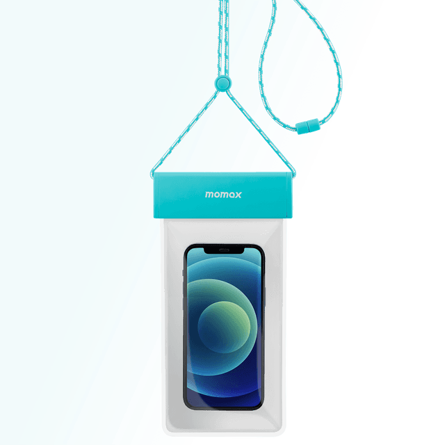 شنطة جوال مقاومة للماء لون شفاف مع علاقة بالرقبة من موماكس لون أزرق فاتح Momax waterproof pouch universal with neck strap