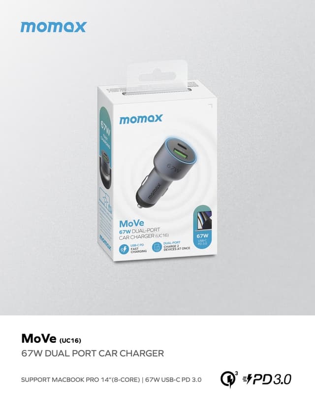 Momax move 67w dual port car charger space grey
