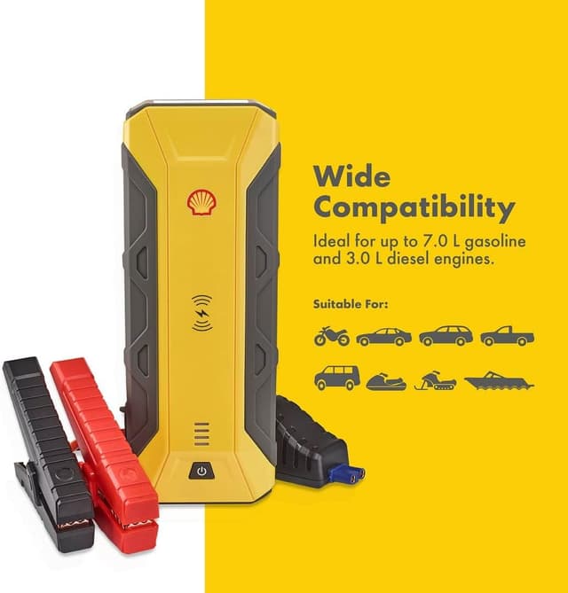 اشتراك للسيارة متنقل شل 12 فولت مع باوربانك 16000 مللي أمبير وشحن لاسلكي Shell Jump Starter with Wireless Charger and Power Bank