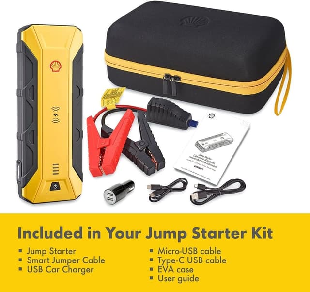 اشتراك للسيارة متنقل شل 12 فولت مع باوربانك 16000 مللي أمبير وشحن لاسلكي Shell Jump Starter with Wireless Charger and Power Bank