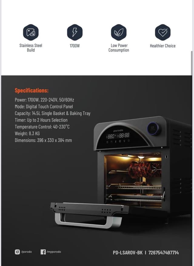 Porodo Lifestyle Dual Mode Touch Control Air Fryer & Oven With Advanced Air-Flow Circulation 14.5L