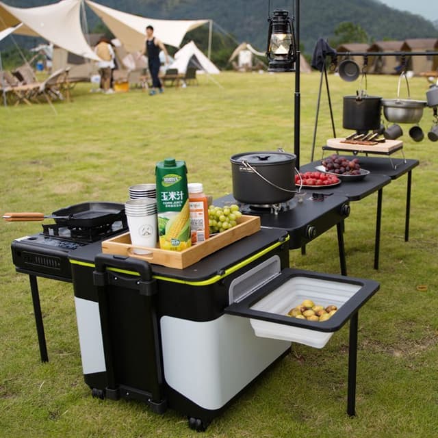 مطبخ متنقل مع موقد غاز للرحلات صغير مدمج على شكل صندوق تخزين 60 لتر Outdoor Camping Kitchen Station with Integrated Stove