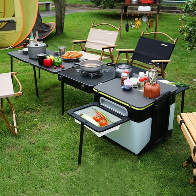 مطبخ متنقل مع موقد غاز للرحلات صغير مدمج على شكل صندوق تخزين 60 لتر Outdoor Camping Kitchen Station with Integrated Stove