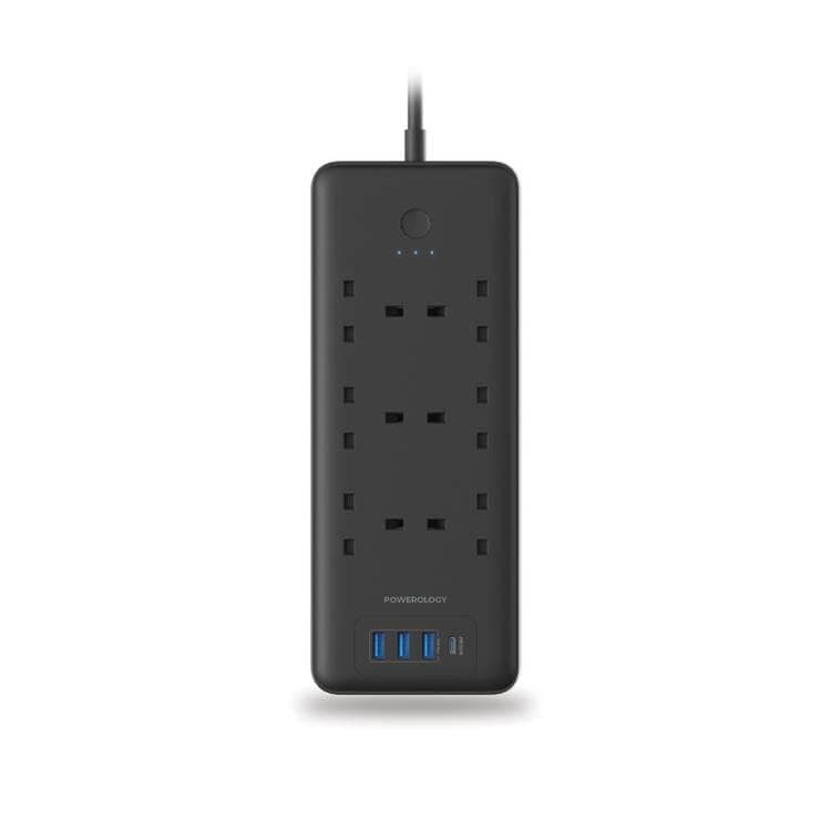 Powerology 48W 6AC 1x PD USB-C and 3x QC USB-A Power Strip UK PD 30W- Black