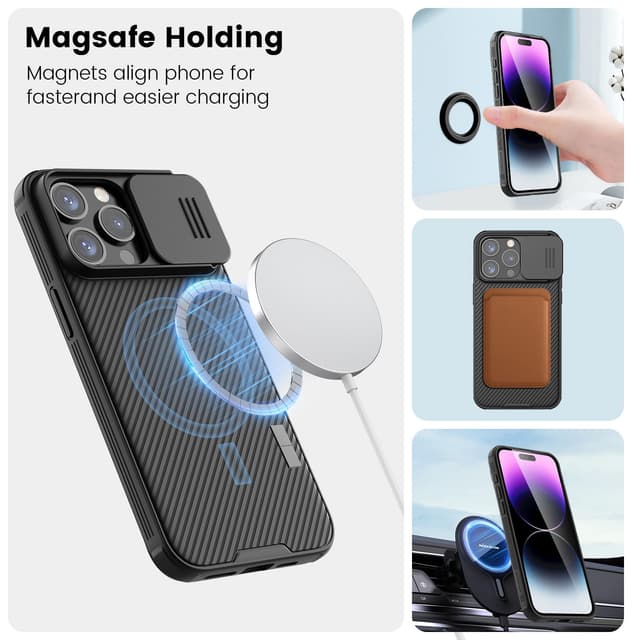 كفر ايفون 15 برو ماكس ماغ سيف أسود مع غطاء كاميرا بولي كربونات نيلكين Nillkin Magnetic Case for iPhone 15 Pro Max Case, Compatible with MagSafe, Sliding Camera Cover