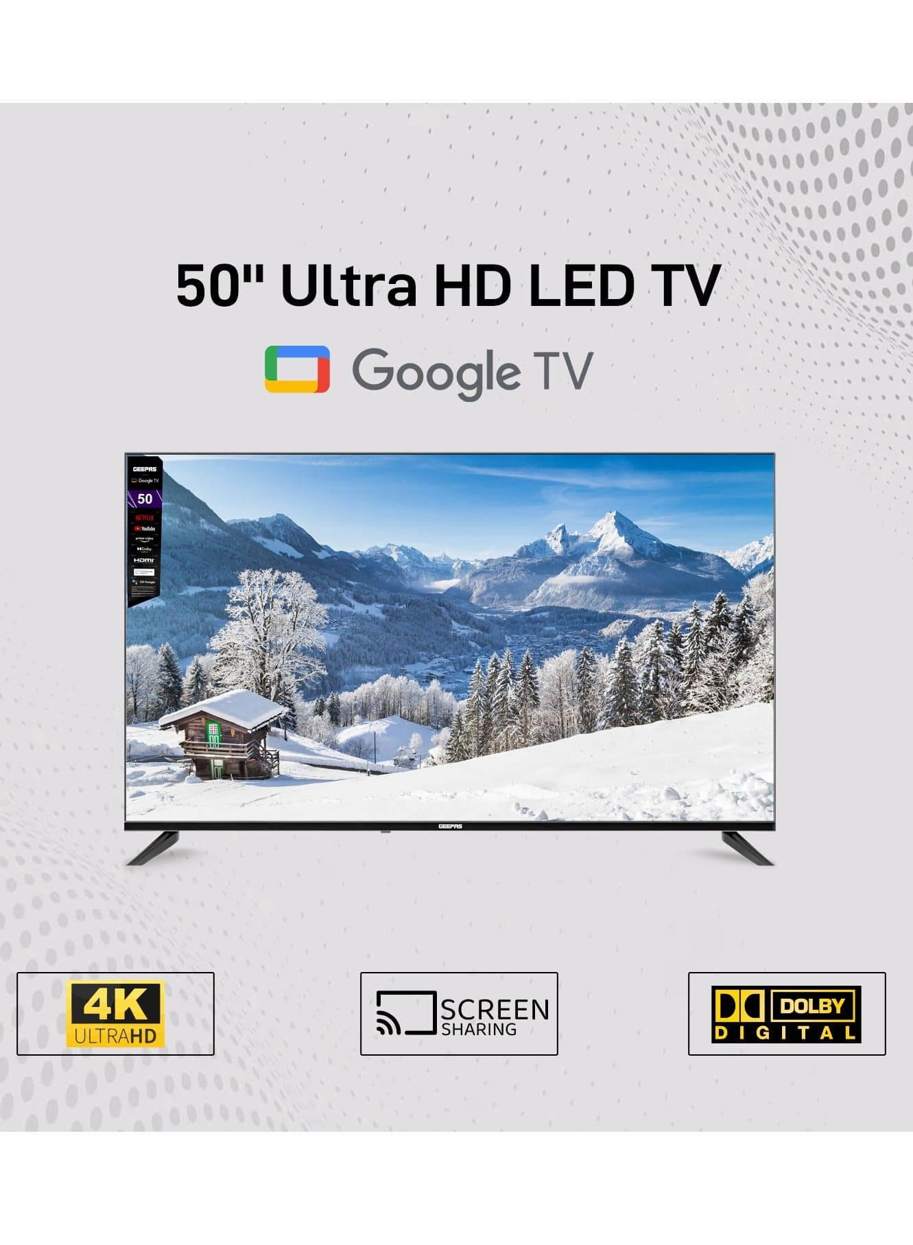 Geepas 50" Google Tv- Dolby Audio, Ultra Hd Led Tv, Built In Chromecast With Remote Control, Hdmi And Usb Ports Licensed Contents And Pre Installed Apps, Wi Fi And Screen Sharing