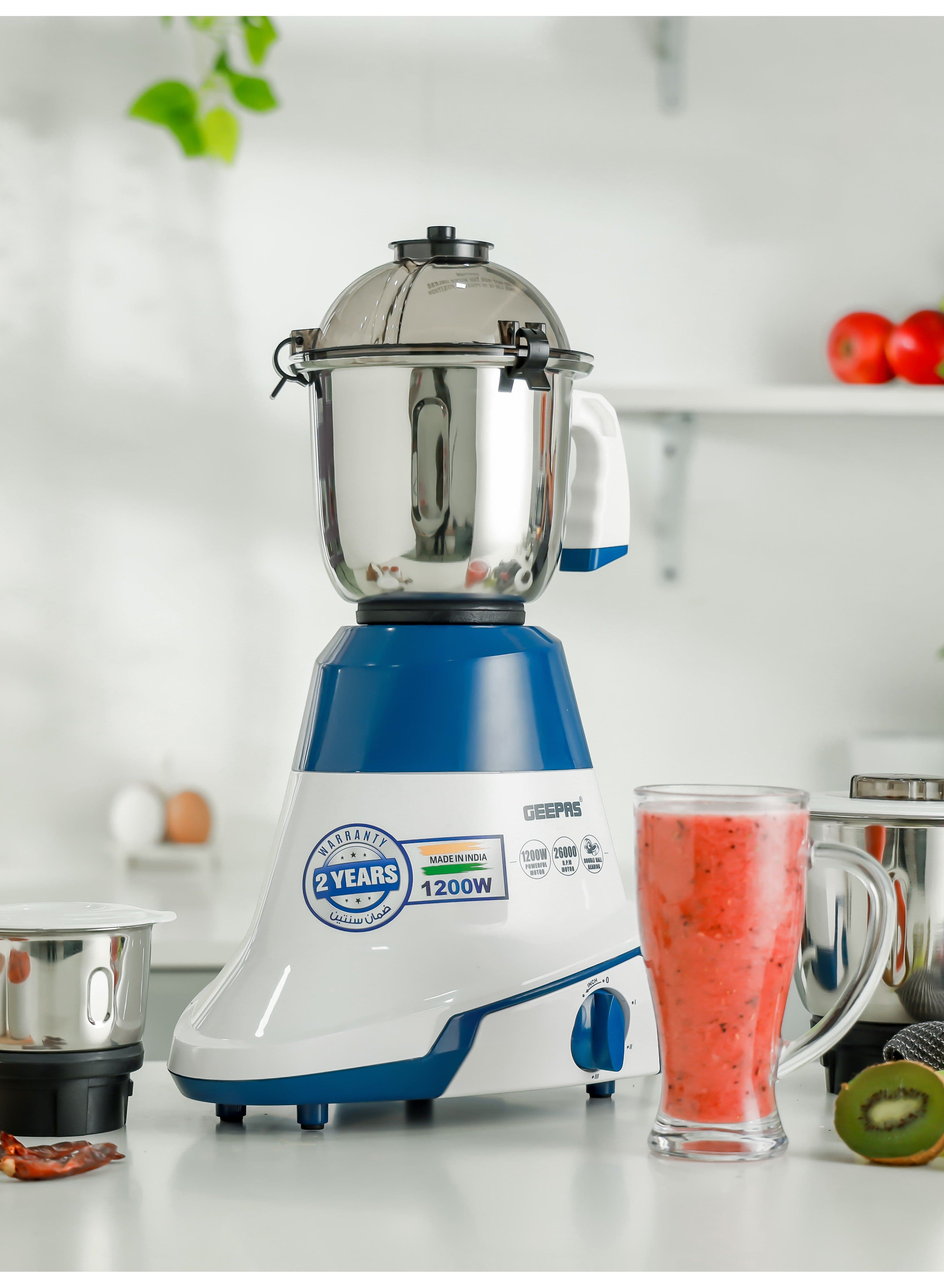 Geepas 3-In-1 Mixer Grinde, Powerful Copper Motor With Stainless Steel Jars (1.5 L, 1.0 L, 0.5 L) And Blades, Abs Body And Unbreakable Pc Dome Lid Ergonomic Design With Motor Overload Protector 3 Jars, 3 Speed Setting With Incher 1200 W White
