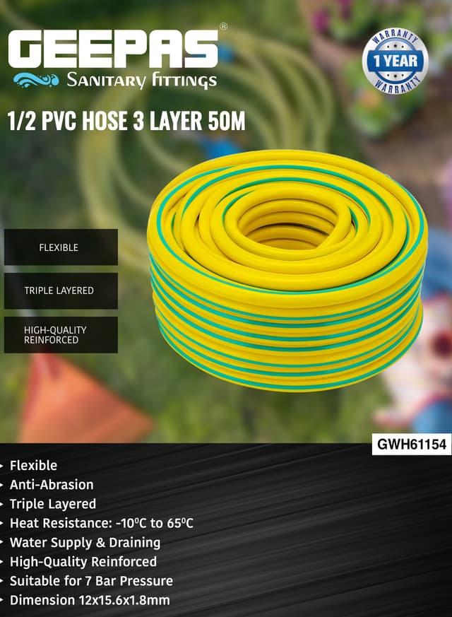 خرطوم ماء 1/2 بوصة 50 متر 3 طبقات أصفر وأخضر جيباس Geepas 1/2 Pvc Hose 50 M 3-Layer Construction With High Flexibility