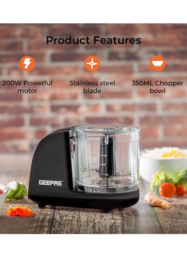 Geepas Multi Chopper With Stainless Steel Blade, 100w Powerful Copper Motor, 350ml Chopper Bowl, One Speed Control, High Power Dc Motor, Mincing Function, Coarse, Easy To Clean, Chop To Fine Mince 350 Ml 100 W Black