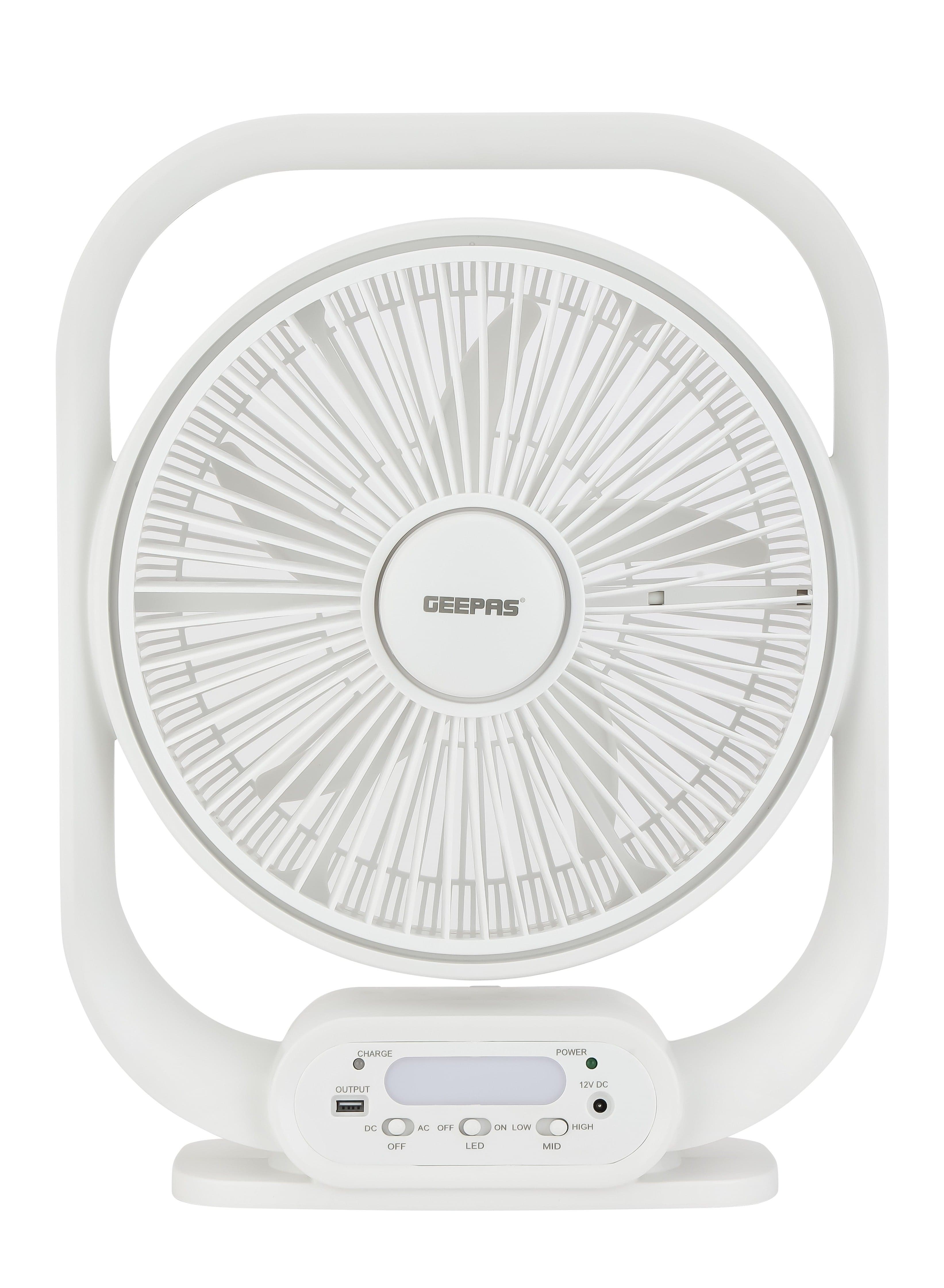 Geepas 12" Rechargeable Table Fan With Powerful Motor, 6v 4.5ah Lead- Acid Battery, 4 Hours Working Time, Led Night Light, Solar Input, Usb Output, Up/Down Tilting, 5 Leaf Blade White