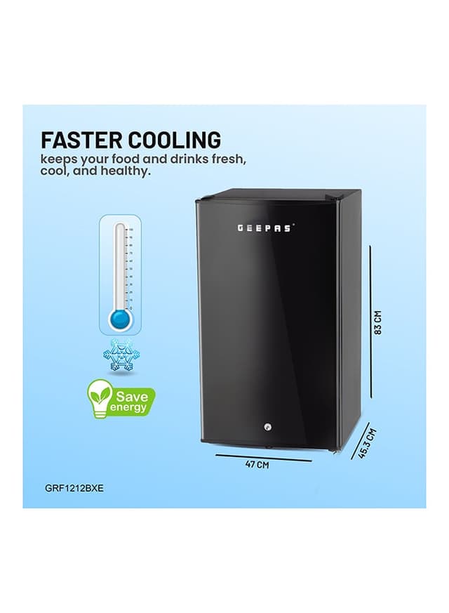 ثلاجة صغيرة 120 لتر أسود جيباس Geepas 120l Gross/92l Net Capacity Single Door Mini Defrost Refrigerator With Retro Premium Design
