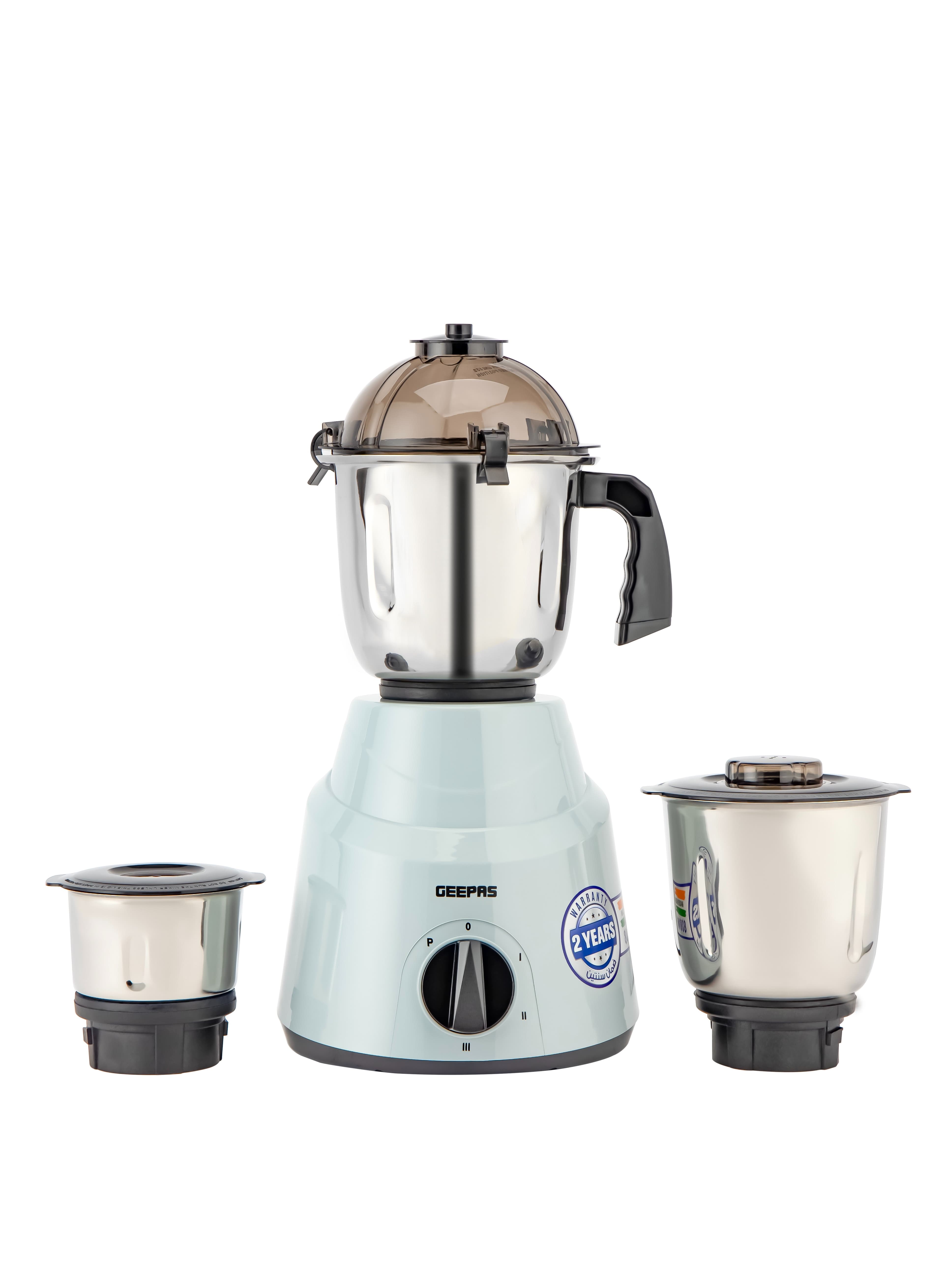Geepas 3 In 1 Mixer Grinder, Powerful Copper Motor Double Ball Bearing, 3 Speed Setting With Incher, Motor Overheat Protection Resettable Fuse, Tetra Flow Technology For Fast Grinding 3 L 800 W White & Silver