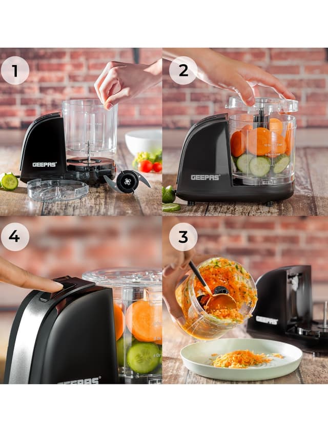 Geepas Multi Chopper With Stainless Steel Blade, 100w Powerful Copper Motor, 350ml Chopper Bowl, One Speed Control, High Power Dc Motor, Mincing Function, Coarse, Easy To Clean, Chop To Fine Mince 350 Ml 100 W Black