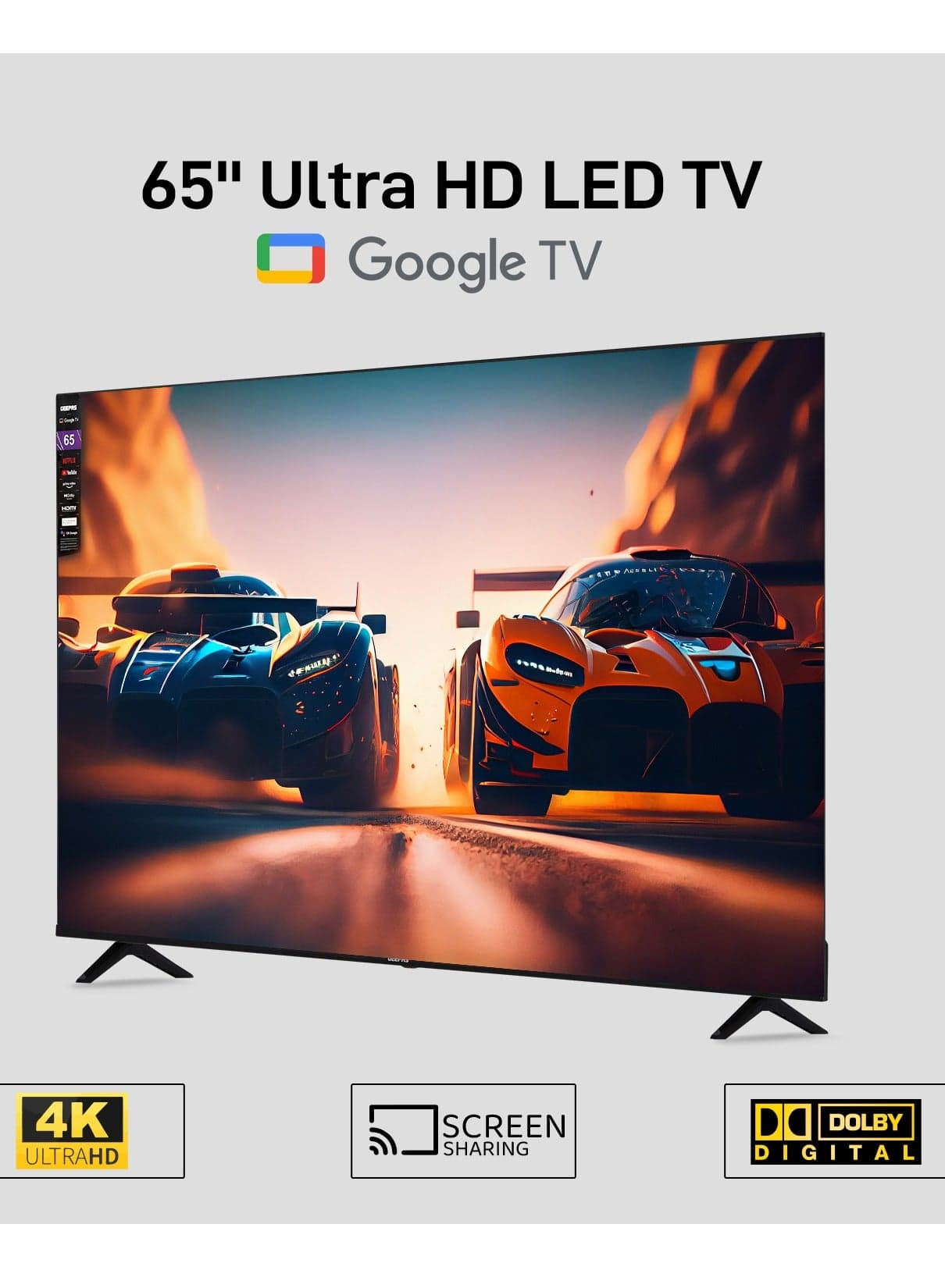 Geepas 65'' 4k Uhd, Google, Smart Hdmi Led Tv With Bluetooth, 2 Usb, 4 Hdmi Connectivity, Wifi, Screen Sharing, Wall Mount Bracket, Remote Control, 16:9 Aspect Ratio, Wide Color Enhancer, Wifi