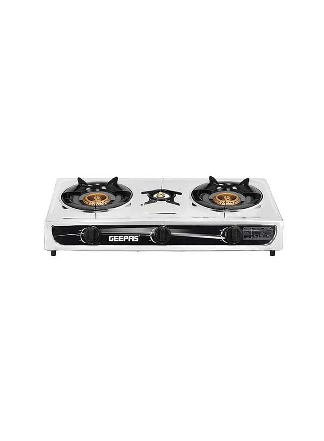 Geepas Stainless Steel Gas Cooker Auto Piezo Ignition Triple Gas Burner Low Gas Consumption Ffd Cast Iron Mixing Tube Silver/Black