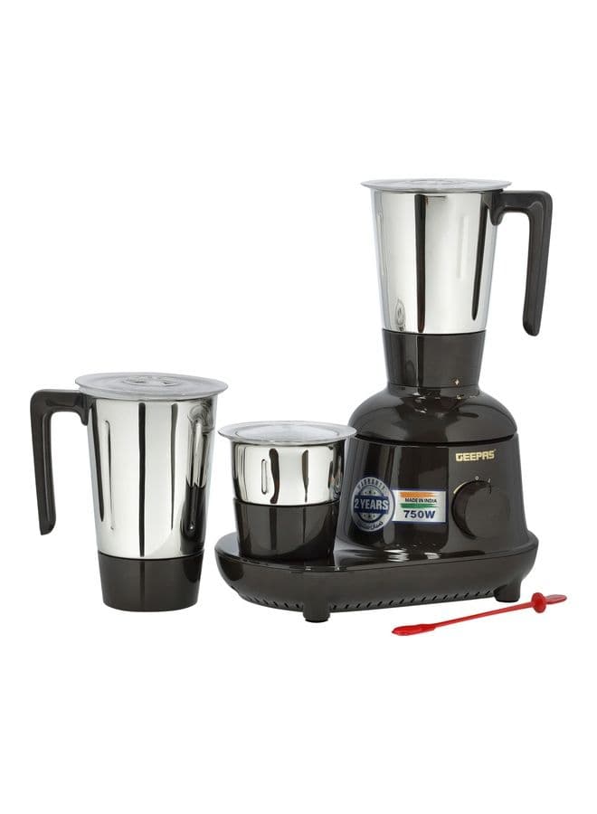 Geepas Mixer Grinder 3 In 1 Powerful Grinder Stainless Steel Jars & Blades Safety Twist Lock 750.0 W Black
