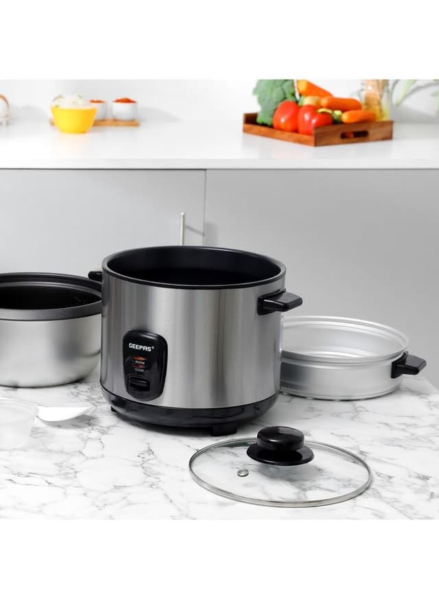 Geepas Multifunctional Rice Cooker With Removable And Non Stick Inner Pot Tempered Glass Lid 1.5 L 500.0 W Silver