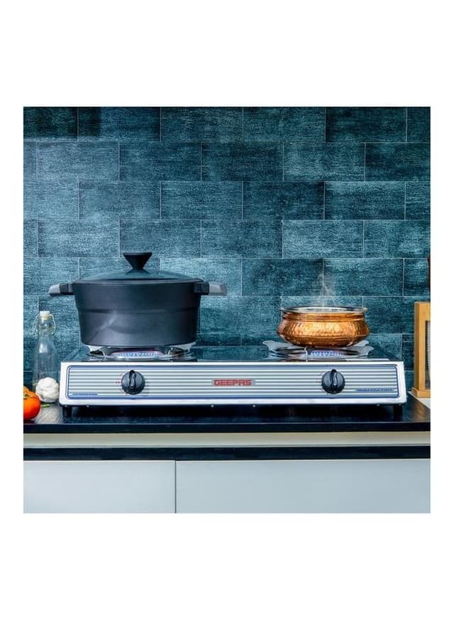 Geepas Stainless Steel Gas Cooker, Save Gas 60%, - Stainless Steel Body, Automatic Ignition System, Cast Iron Burner, High-Quality Electroplated Pan Support Silver