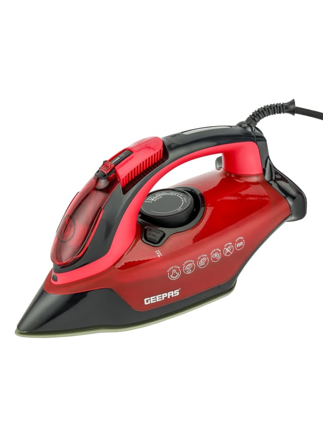 مكواة ملابس 350 مل 3100 واط أحمر جيباس Geepas Ceramic Steam Iron/ Dry Ironing Box With Ceramic-Coated Soleplate And Anti-Calc