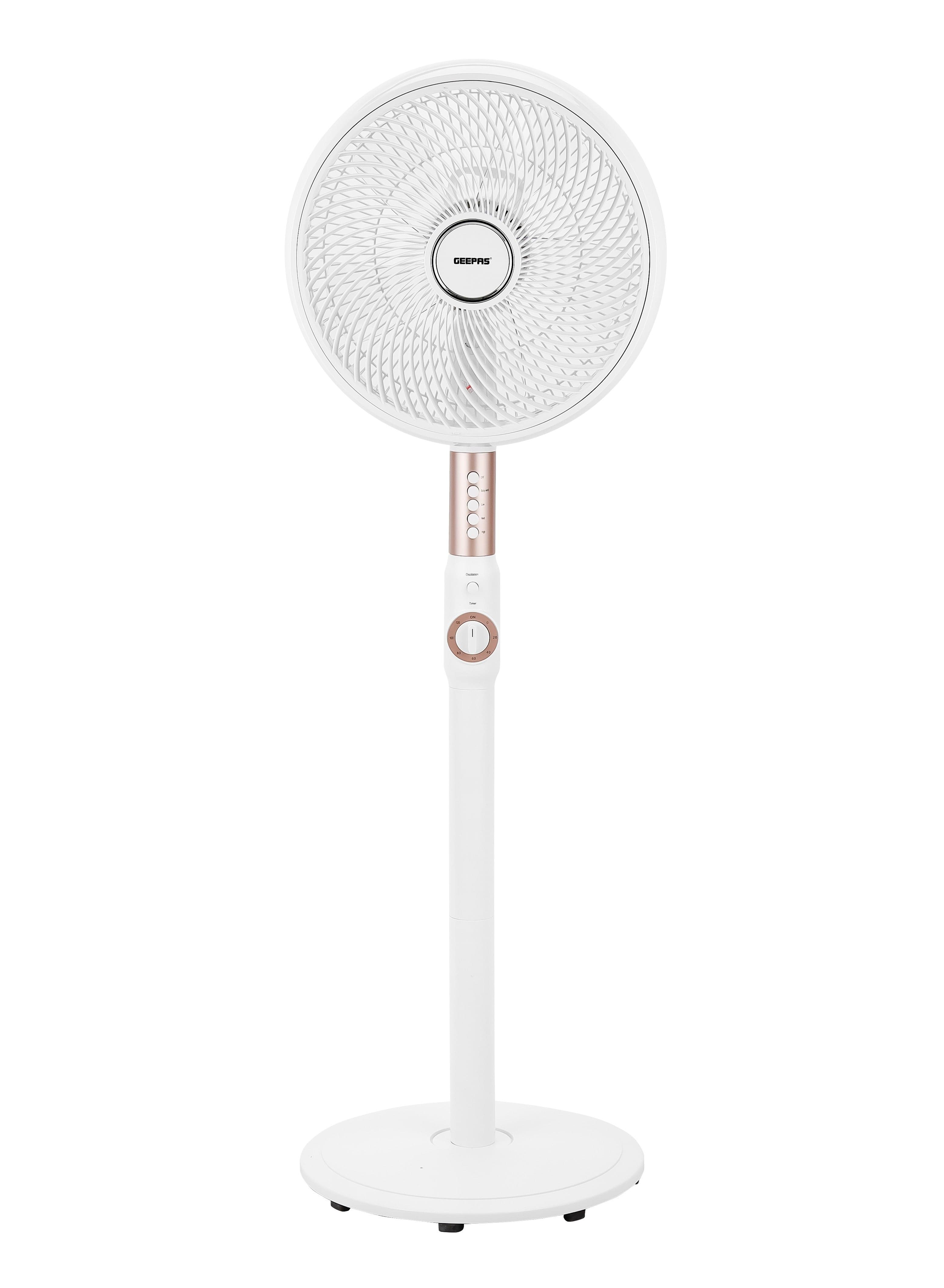 Geepas 14 Inches Stand Fan With Abs Circulator Head, As 5 Fins Blade,, 2 Hours Timer, Abs Body, Wide Angle Oscillation, Chrome & Silver Painting Decoration, Base With Heavy Rubber 60 W Silver