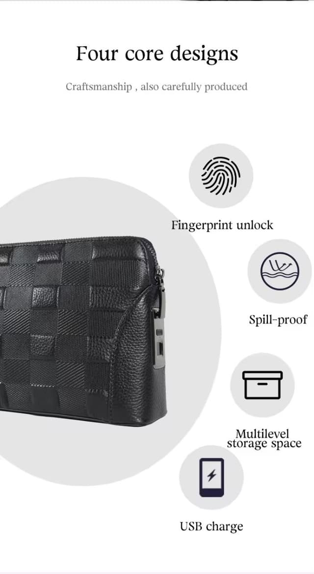 حقيبة يد رجالية جلد بالبصمة Anti theft Bag with Fingerprint Lock