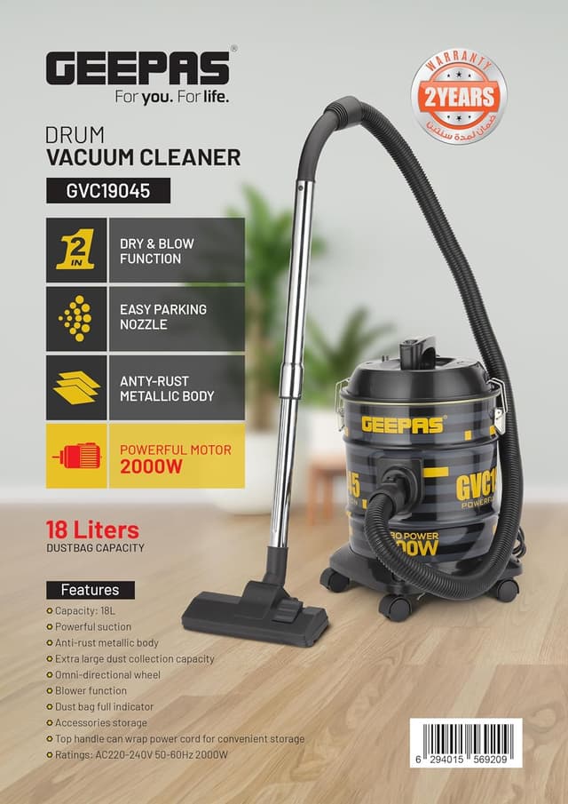 مكنسة كهربائية برميل جيباس 2000 واط 18 لتر Geepas Drum Vacuum Cleaner GVC19045