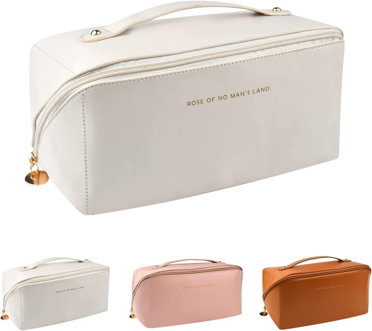 O Ozone Large Capacity Travel Cosmetic Bag, PU Leather Toiletry Bags with Divider and Handle Waterproof Skincare Portable Makeup Organizer Bag, Cosmetic Travel Pouch for Women Girls - Off White