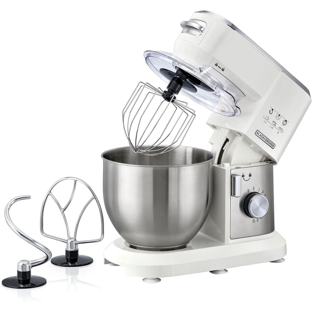 Black+Decker Multifunction Stand Mixer Kitchen Machine, 1000w, 6l, 10 Speed, White - Mkm100-B5