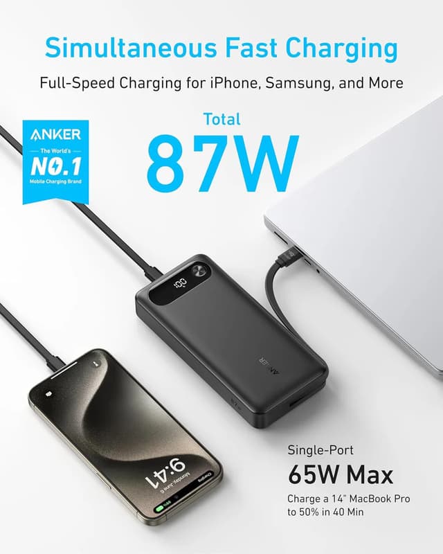 Anker Smart Display Power Bank 20000mAh, 87W, With Built-In USB-C Cable