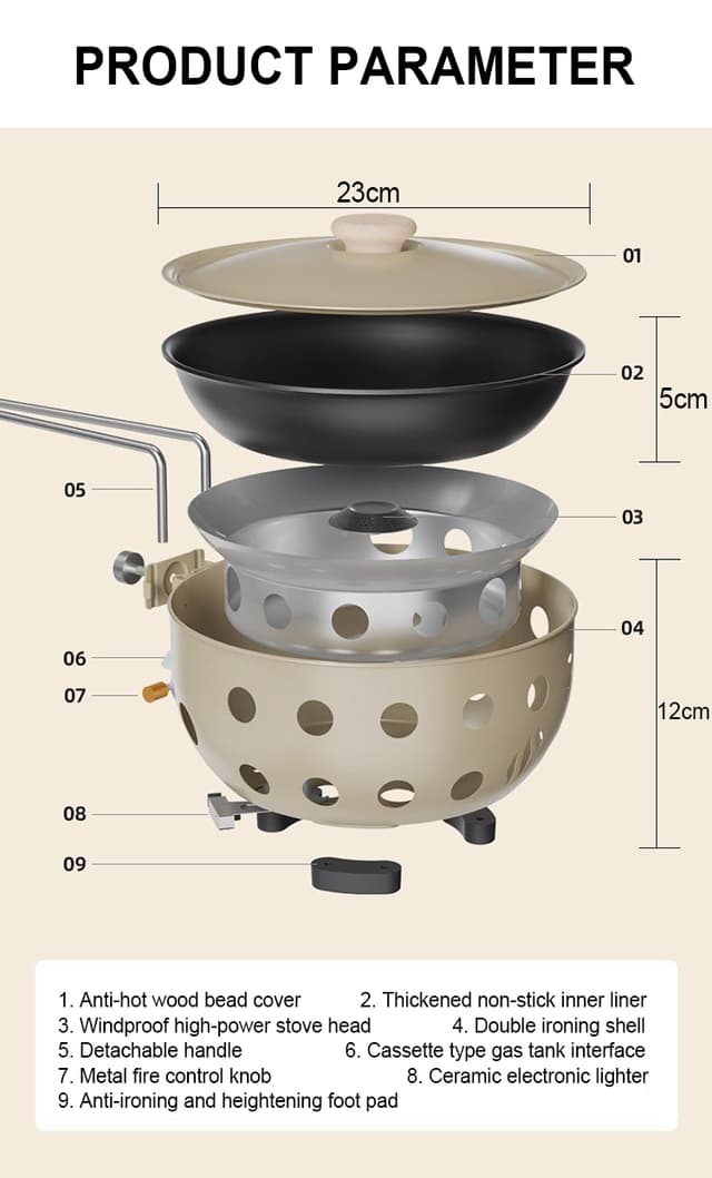 موقد غاز للرحلات مع مقلاة ستانلس ستيل مدمجة 2300 واط Outdoor Portable Gas Stove Nonstick Cooking frying pan