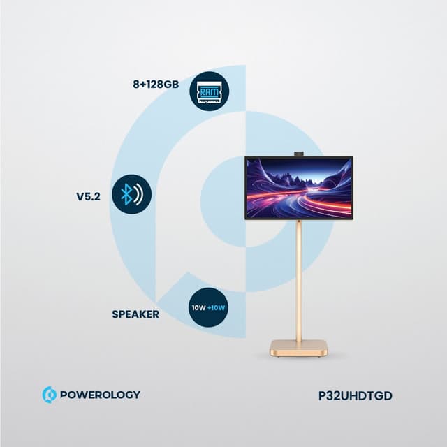 شاشة متنقلة اندرويد 4K باورولوجي 32 بوصة مع ستاند وكاميرا Powerology Portable Google 4K Screen