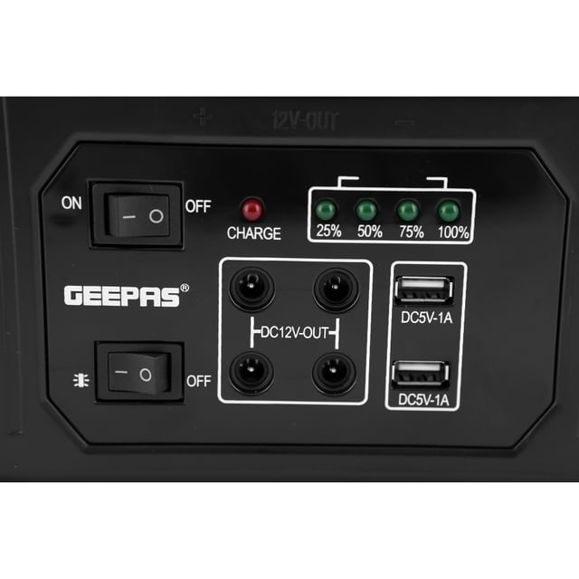 Geepas GPS5593 Power Caster 7000mAh Rechargeable Battery 4 Pcs Led Bulbs with Solar Panel 