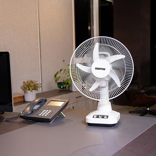 Geepas GF21118 12'' Rechargeable Fan - 2 Speed Settings with 6 Hours Continuous Working & 24 Hours LED Light - 5000 Mah Battery - Ideal for Office, Home & Outdoor Use