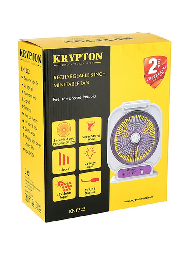 Krypton 8 inch Rechargeable Powerful Table Fan With LED Night Light 900 g 45 W KNF222 White
