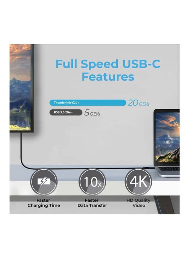 وصلة شحن ونقل بيانات تدعم Thunderbolt 3 أسود | Ultra-Fast Thunderbolt 3