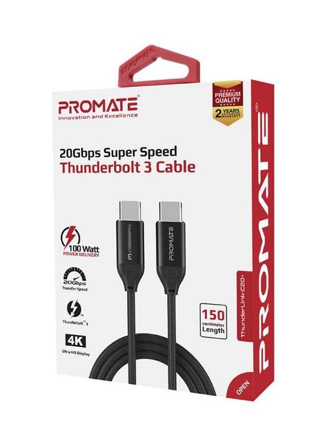 وصلة شحن ونقل بيانات تدعم Thunderbolt 3 أسود | Ultra-Fast Thunderbolt 3