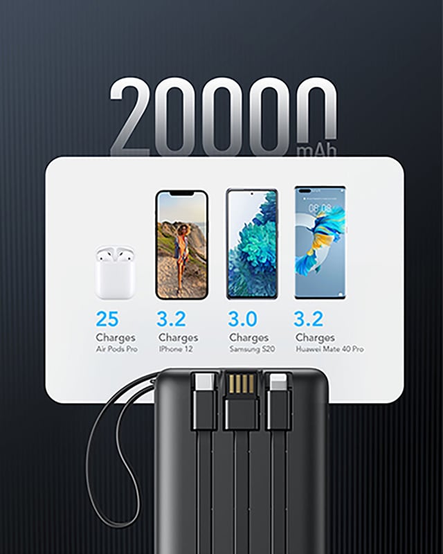 باور بانك بطارية 20000 ميلي أمبير مع كابلات مدمجة فيجر Veger Power Bank with 4 Cables