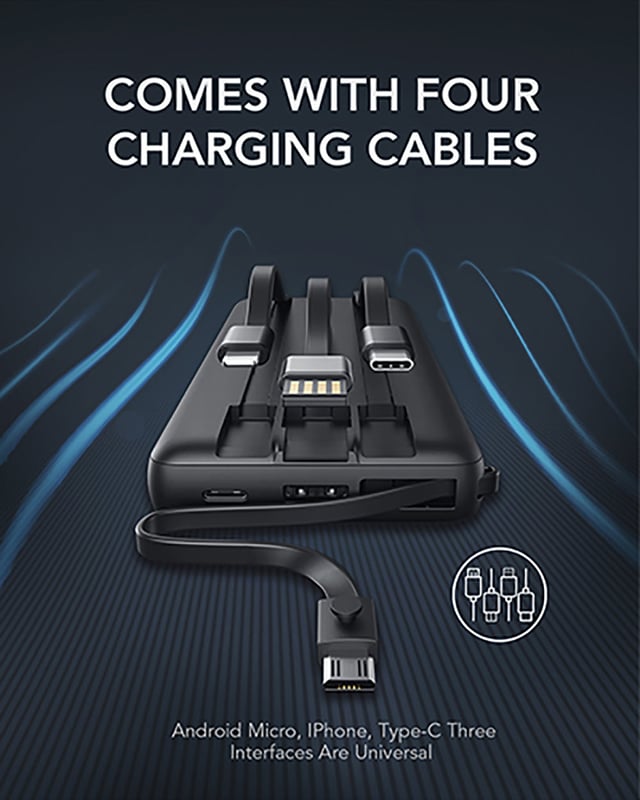 باور بانك بطارية 20000 ميلي أمبير مع كابلات مدمجة فيجر Veger Power Bank with 4 Cables